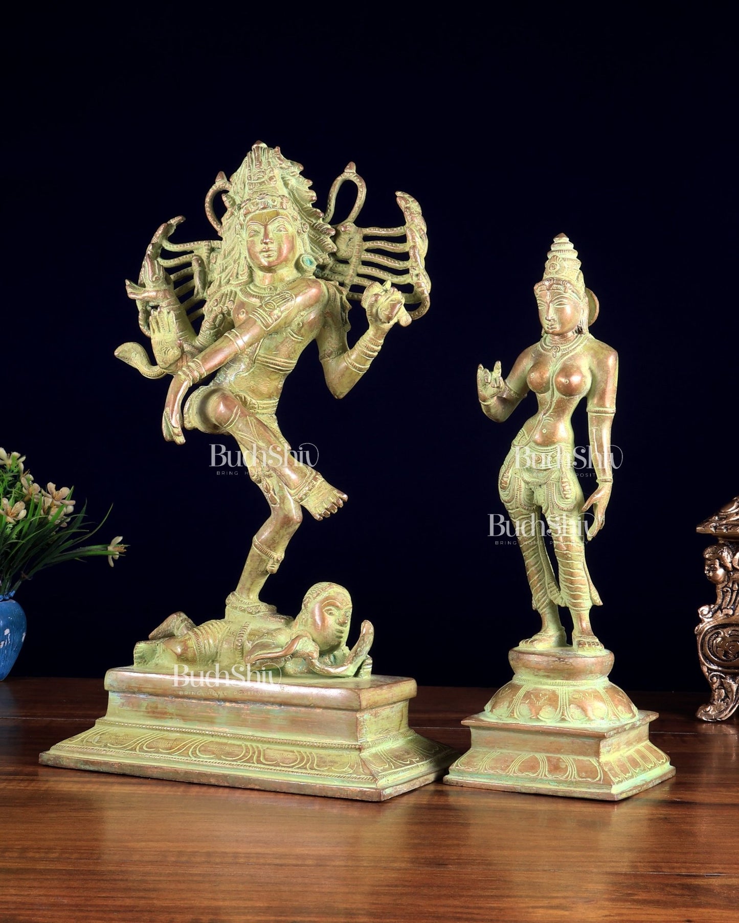 Vintage Brass Dancing Shiva Nataraja with Sivagami Parvati Idol – Green Sand Patina Finish 14 inch - Budhshiv.com