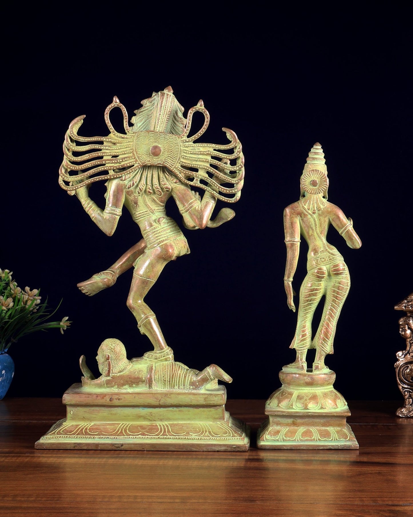 Vintage Brass Dancing Shiva Nataraja with Sivagami Parvati Idol – Green Sand Patina Finish 14 inch - Budhshiv.com