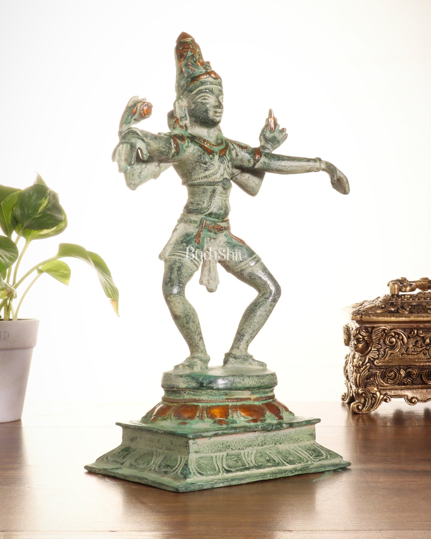 Vintage Brass Dancing Shiva Statue – Green Sand Finish | 11.5 - Inch - Budhshiv.com