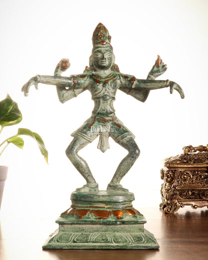 Vintage Brass Dancing Shiva Statue – Green Sand Finish | 11.5 - Inch - Budhshiv.com