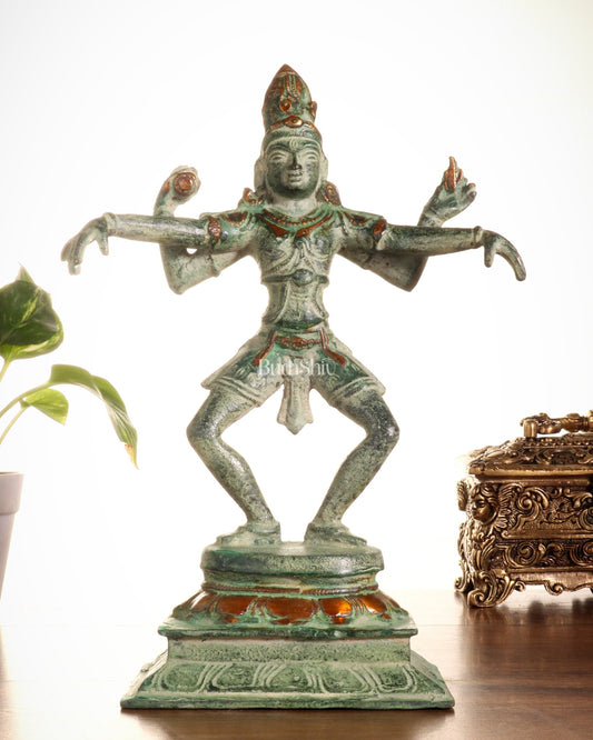 Vintage Brass Dancing Shiva Statue – Green Sand Finish | 11.5 - Inch - Budhshiv.com