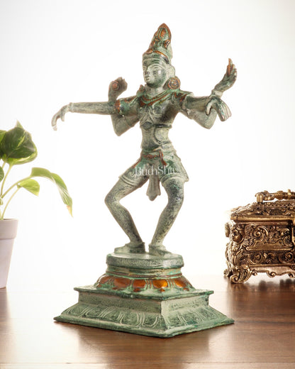 Vintage Brass Dancing Shiva Statue – Green Sand Finish | 11.5 - Inch - Budhshiv.com