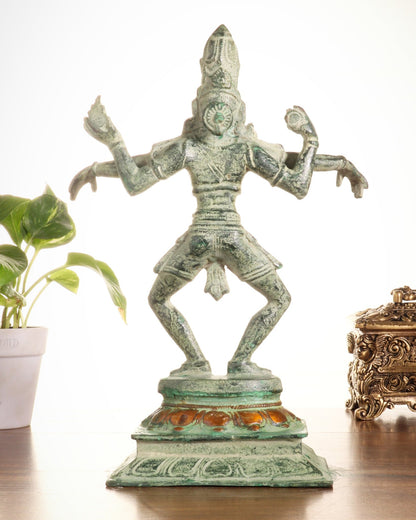 Vintage Brass Dancing Shiva Statue – Green Sand Finish | 11.5 - Inch - Budhshiv.com