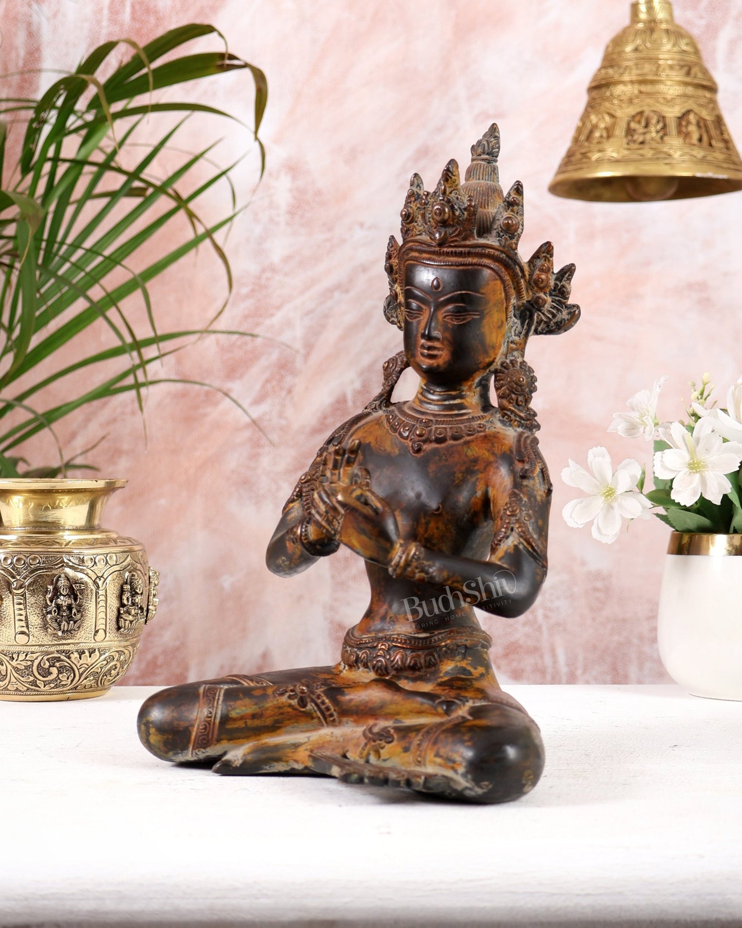 Vintage Brass Dharmachakra Buddha Statue | 10" Height - Budhshiv.com