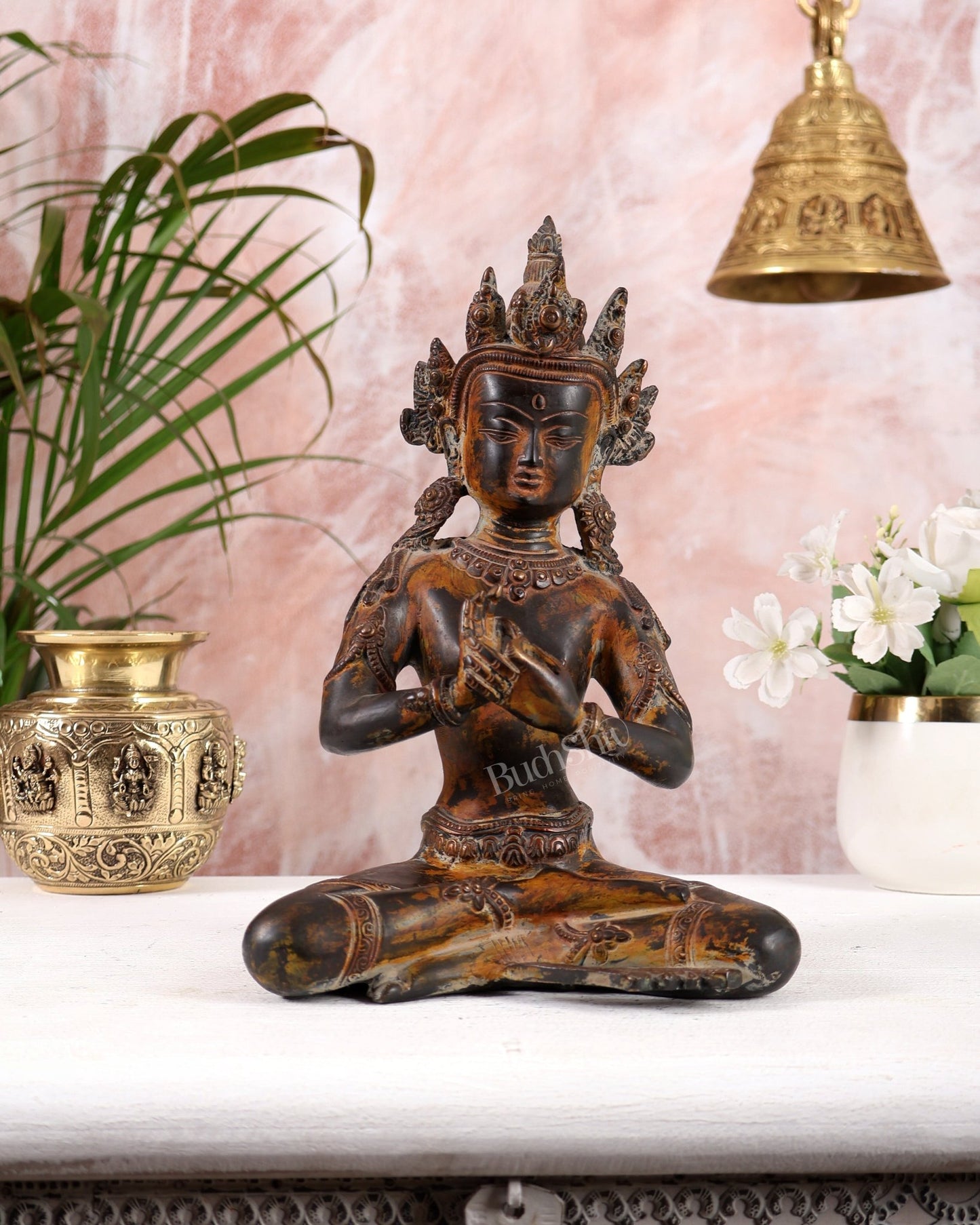 Vintage Brass Dharmachakra Buddha Statue | 10" Height - Budhshiv.com