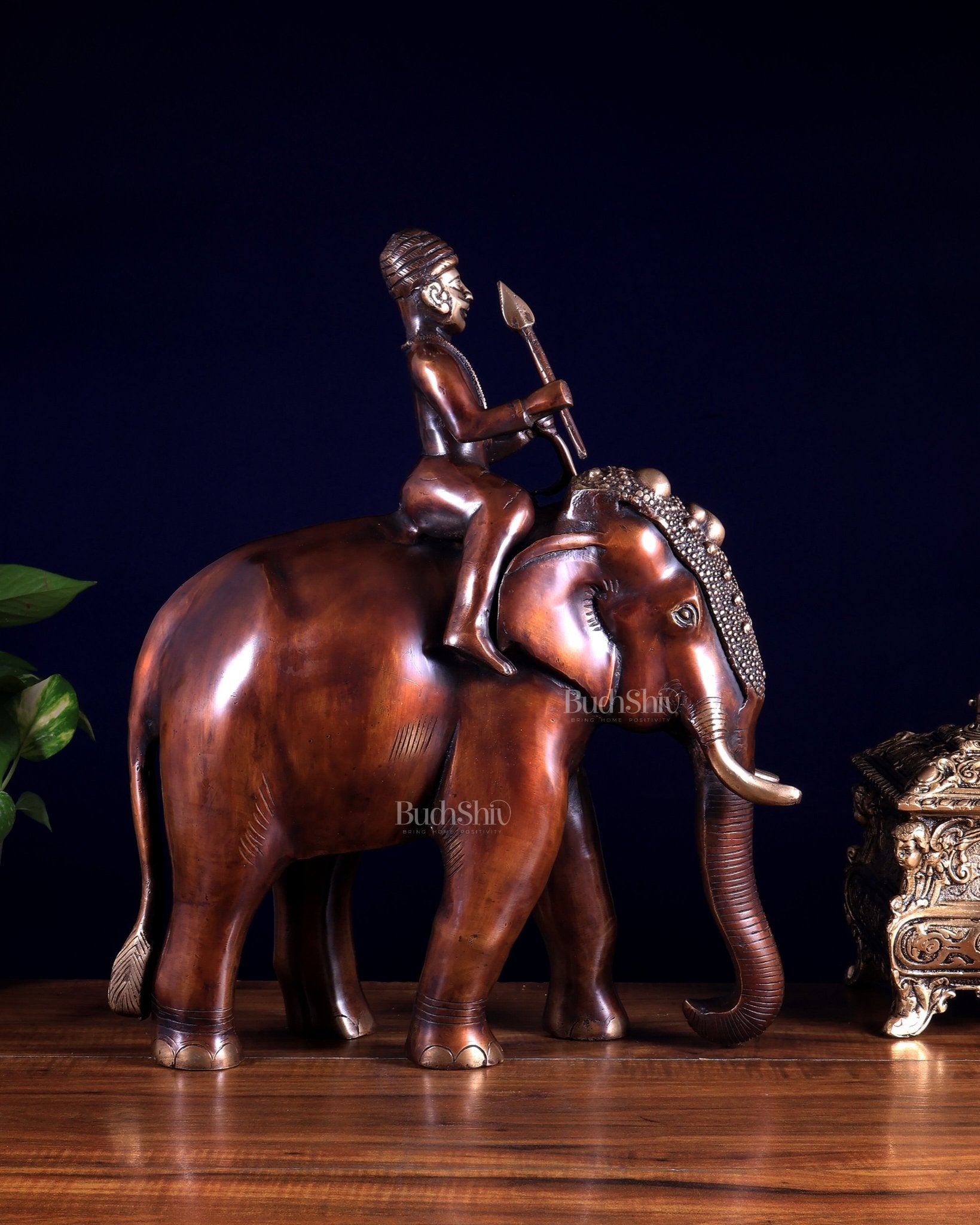 Vintage Brass Elephant Rider Statue – Vastu Approved Traditional Showpiece 16.5 inch - Budhshiv.com
