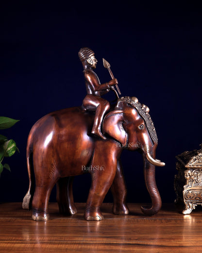 Vintage Brass Elephant Rider Statue – Vastu Approved Traditional Showpiece 16.5 inch - Budhshiv.com