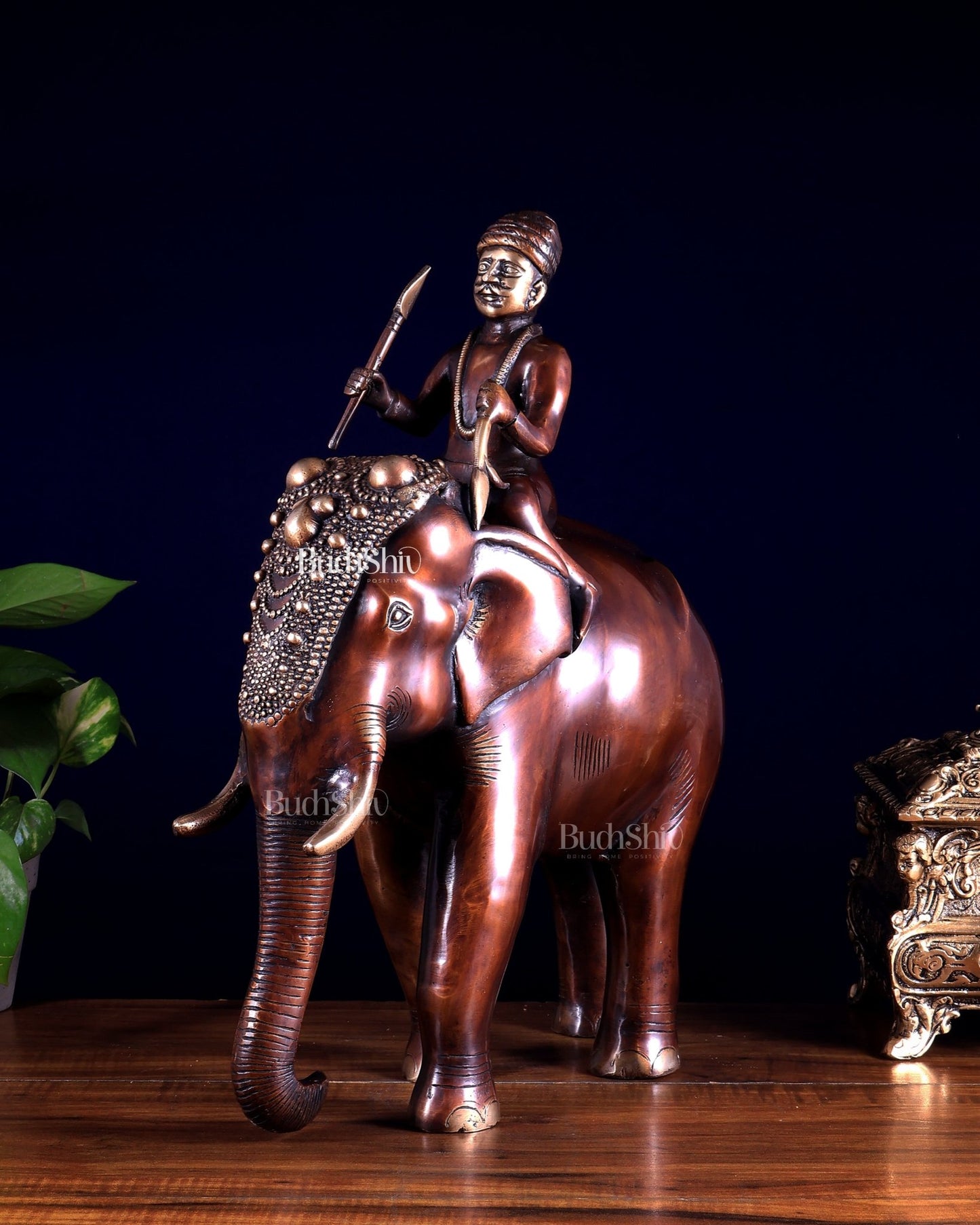 Vintage Brass Elephant Rider Statue – Vastu Approved Traditional Showpiece 16.5 inch - Budhshiv.com