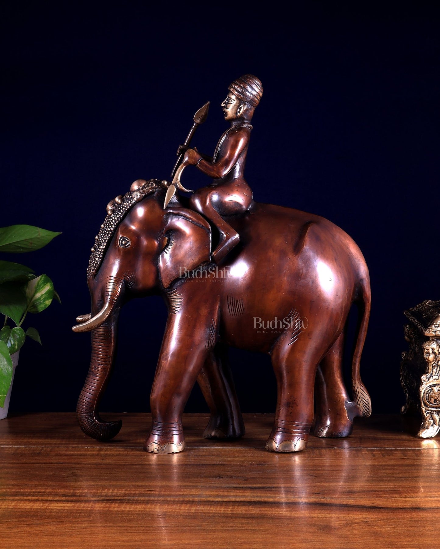 Vintage Brass Elephant Rider Statue – Vastu Approved Traditional Showpiece 16.5 inch - Budhshiv.com