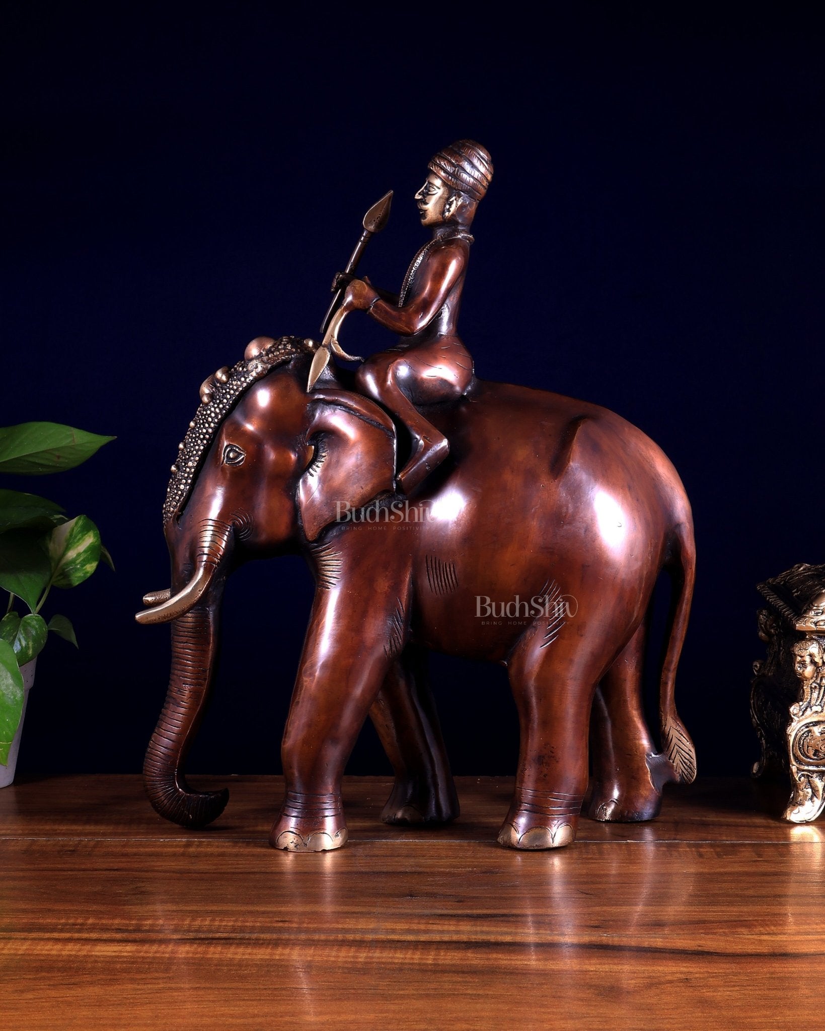Vintage Brass Elephant Rider Statue – Vastu Approved Traditional Showpiece 16.5 inch - Budhshiv.com