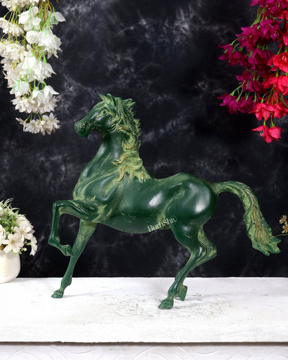 Vintage Brass Galloping Horse Feng Shui Approved Statue Green patina tone 16 inch - Budhshiv.com