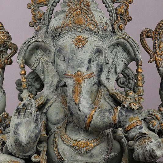 Vintage Brass Ganapati Welcome Statue with Green Henna Sand Finish - 17" - Budhshiv.com
