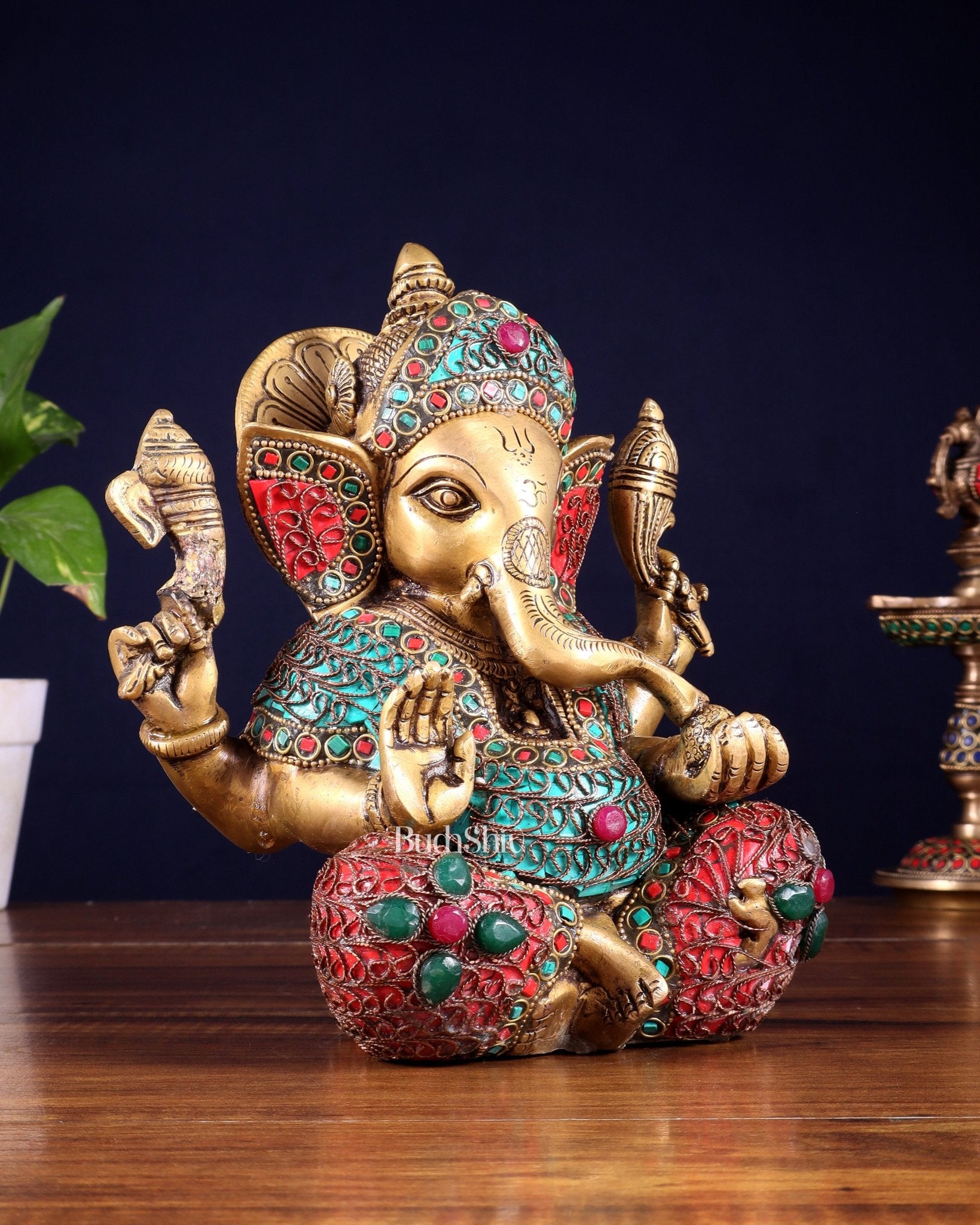 Vintage Brass Ganesha Idol with Nepalese meenakari - 8 Inch - Budhshiv.com