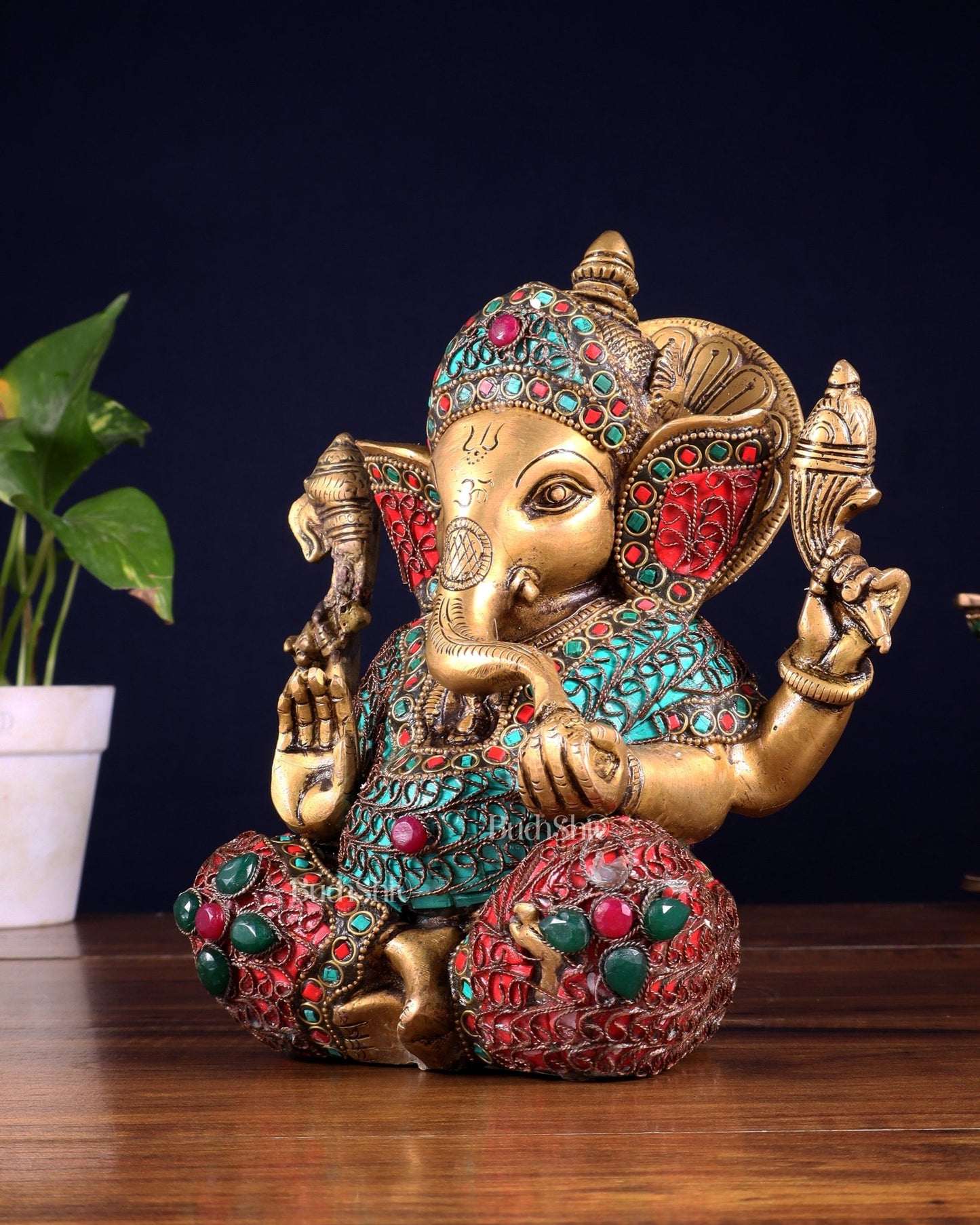 Vintage Brass Ganesha Idol with Nepalese meenakari - 8 Inch - Budhshiv.com