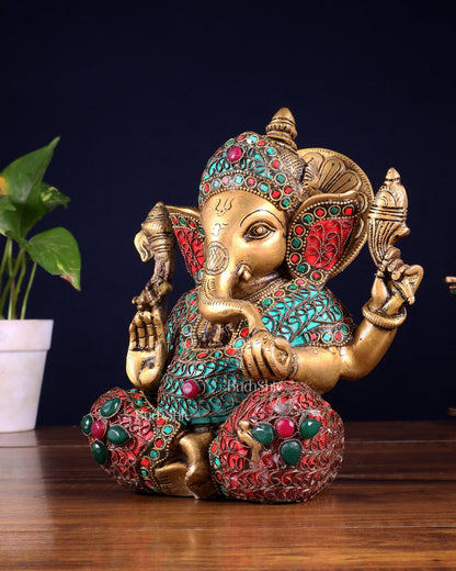 Vintage Brass Ganesha Idol with Nepalese meenakari - 8 Inch - Budhshiv.com
