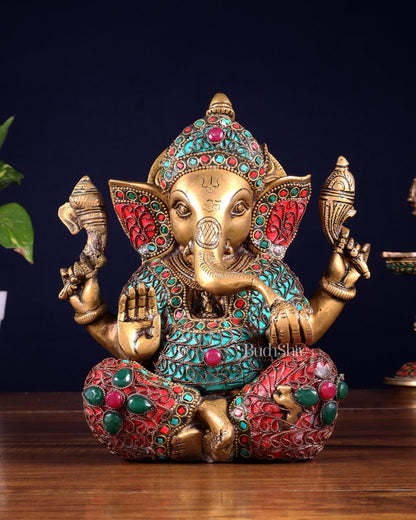 Vintage Brass Ganesha Idol with Nepalese meenakari - 8 Inch - Budhshiv.com