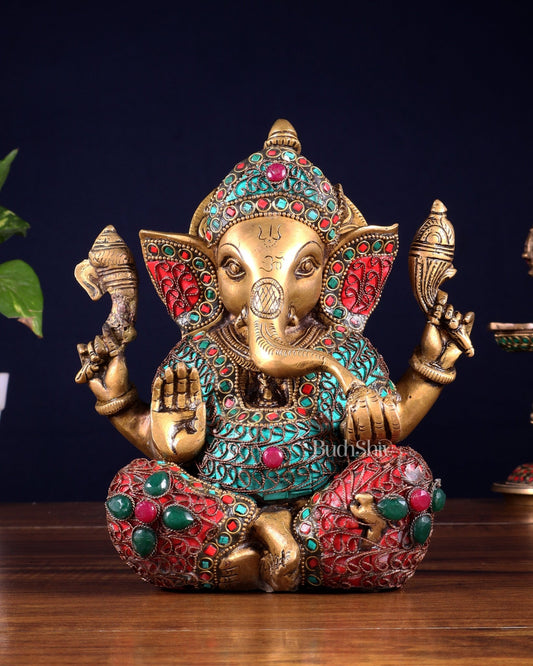 Vintage Brass Ganesha Idol with Nepalese meenakari - 8 Inch - Budhshiv.com