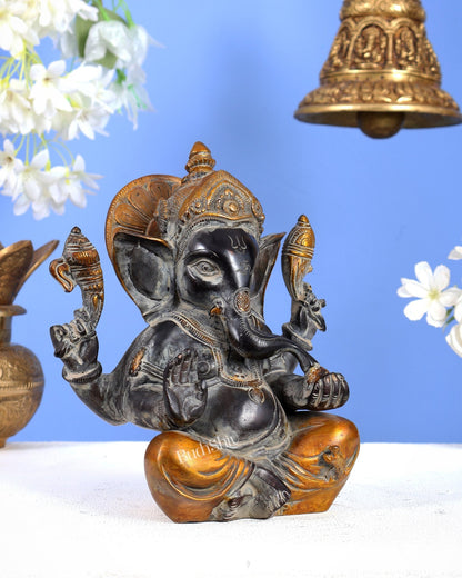 Vintage Brass Ganesha Idol with Sharp Features - 8 Inch - Budhshiv.com
