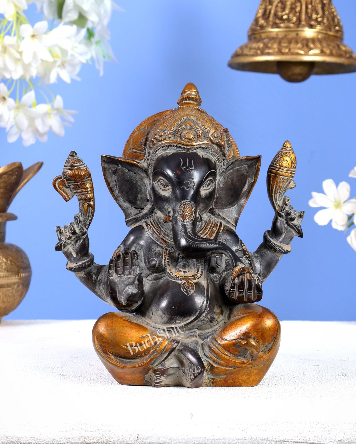 Vintage Brass Ganesha Idol with Sharp Features - 8 Inch - Budhshiv.com