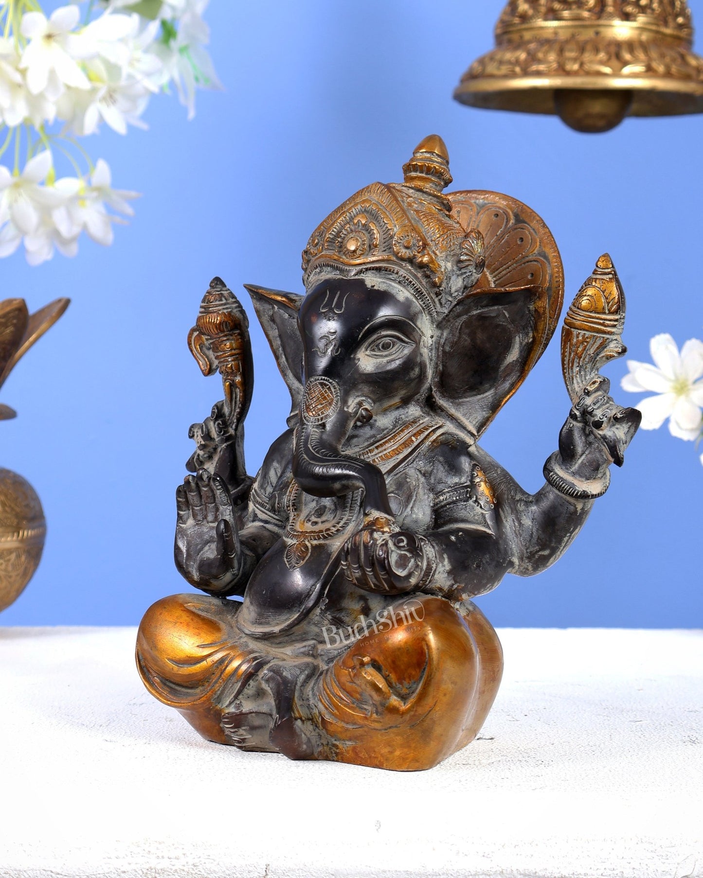 Vintage Brass Ganesha Idol with Sharp Features - 8 Inch - Budhshiv.com
