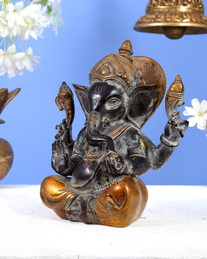 Vintage Brass Ganesha Idol with Sharp Features - 8 Inch - Budhshiv.com