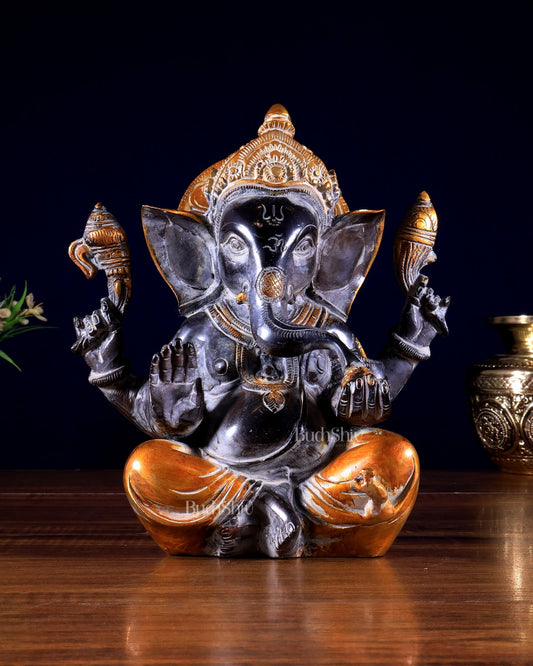Vintage Brass Ganesha Idol with Sharp Features - 8 Inch - Budhshiv.com