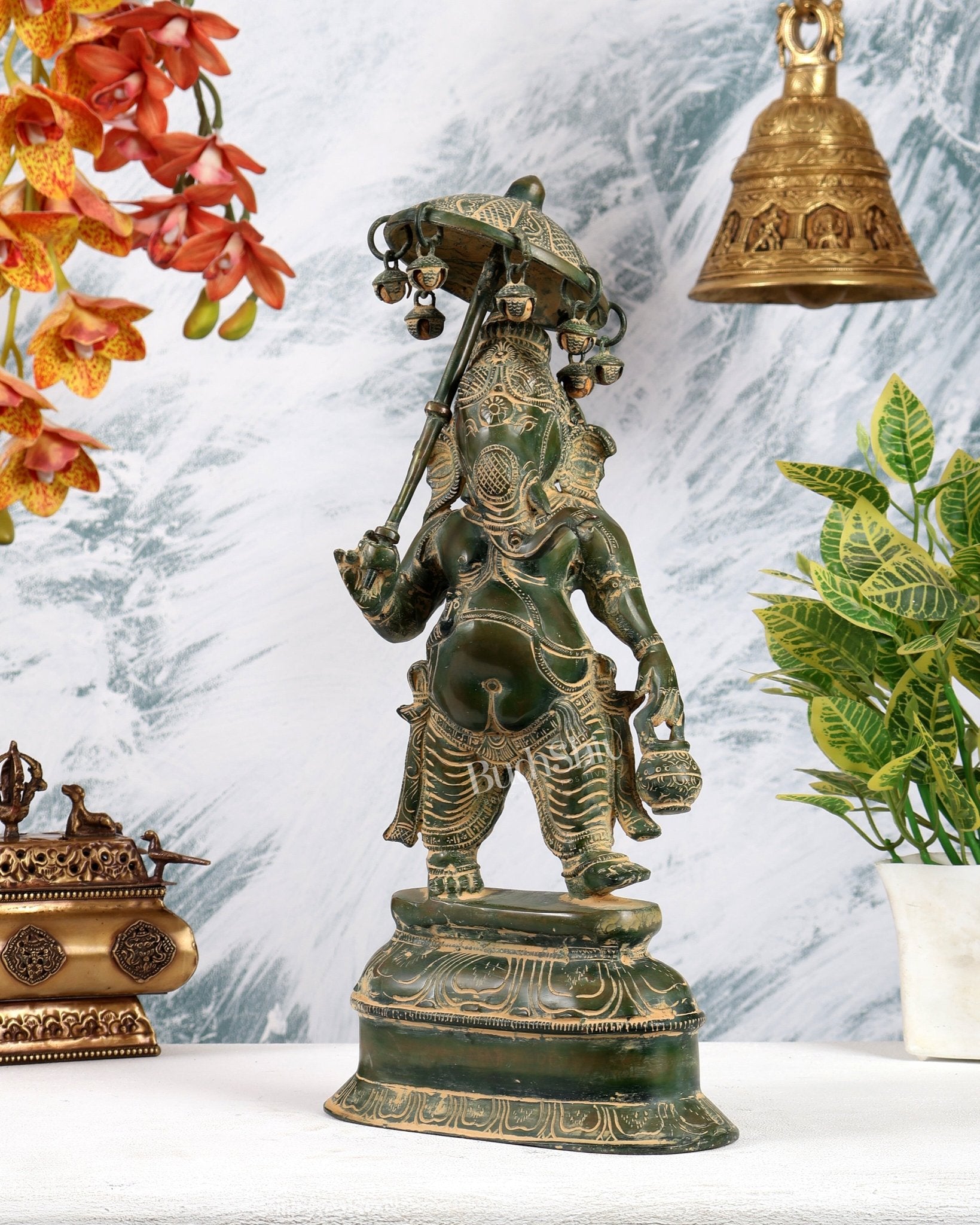 Vintage Brass Ganesha Statue with Umbrella and Kamandal - 15" Green Antique - Budhshiv.com