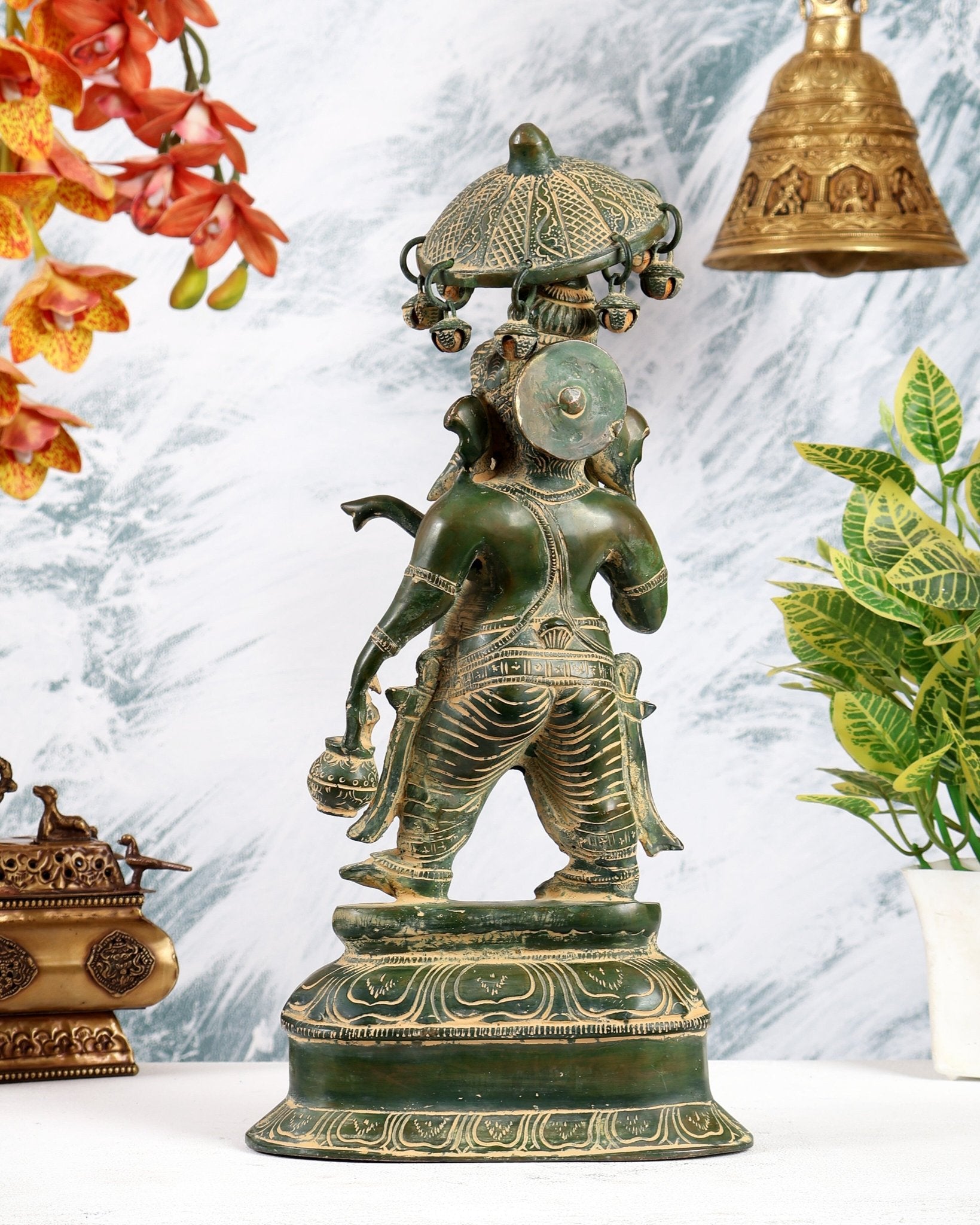 Vintage Brass Ganesha Statue with Umbrella and Kamandal - 15" Green Antique - Budhshiv.com