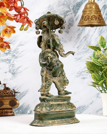 Vintage Brass Ganesha Statue with Umbrella and Kamandal - 15" Green Antique - Budhshiv.com