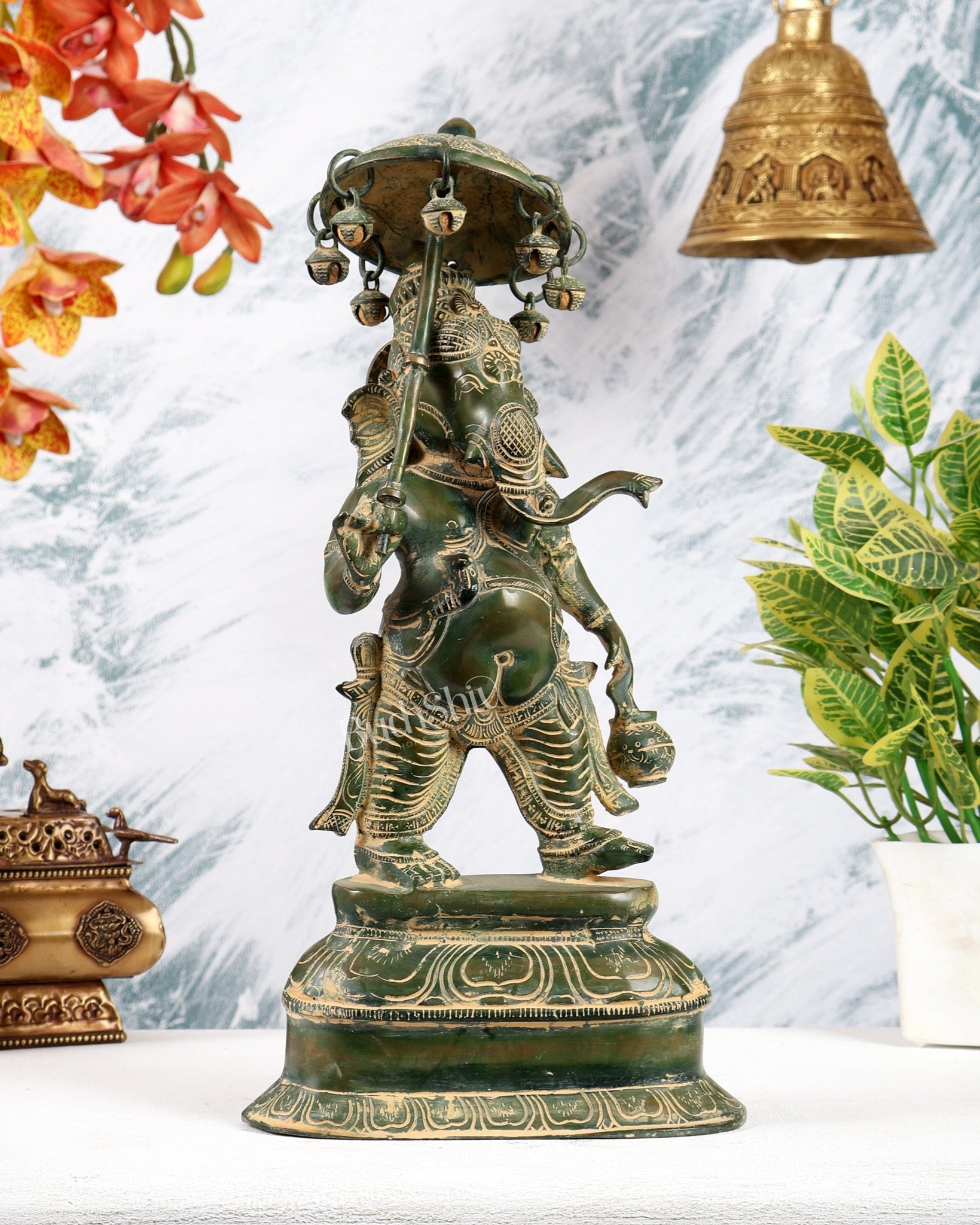 Vintage Brass Ganesha Statue with Umbrella and Kamandal - 15" Green Antique - Budhshiv.com