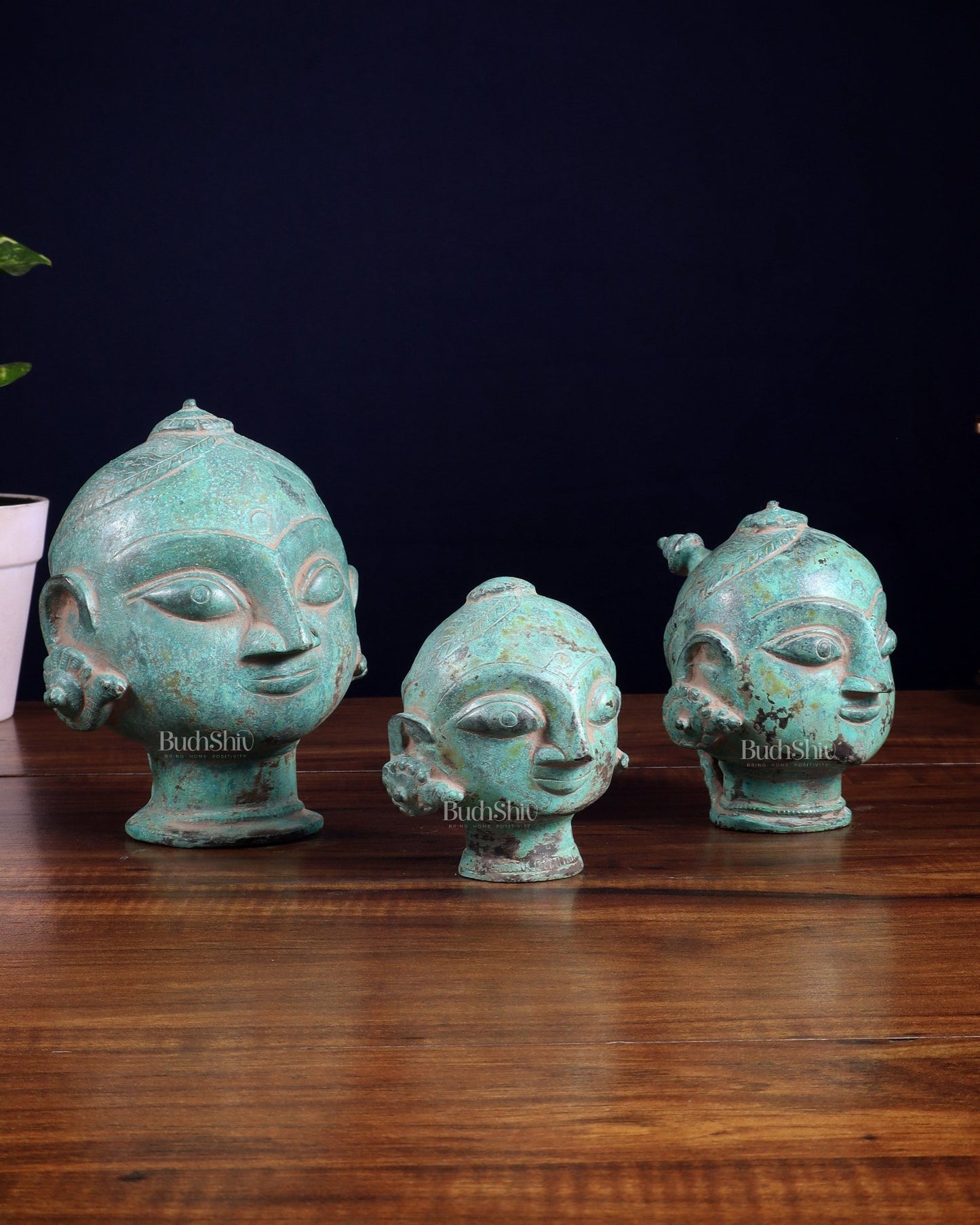 Vintage Brass Gauri Face Set – Green Sand Patina Finish - Budhshiv.com
