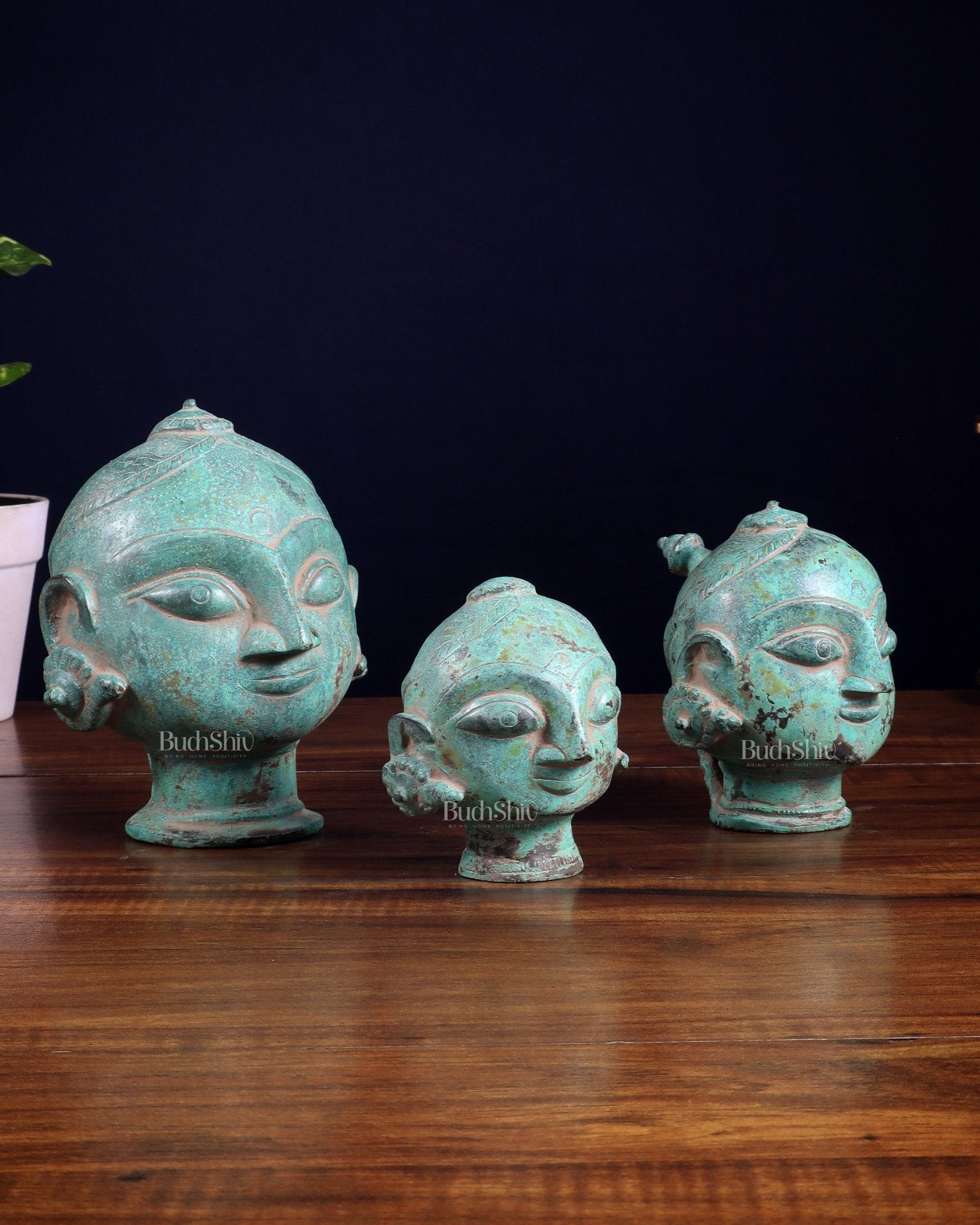 Vintage Brass Gauri Face Set – Green Sand Patina Finish - Budhshiv.com