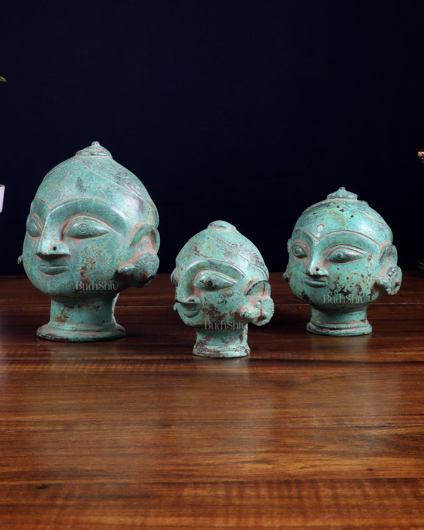 Vintage Brass Gauri Face Set – Green Sand Patina Finish - Budhshiv.com
