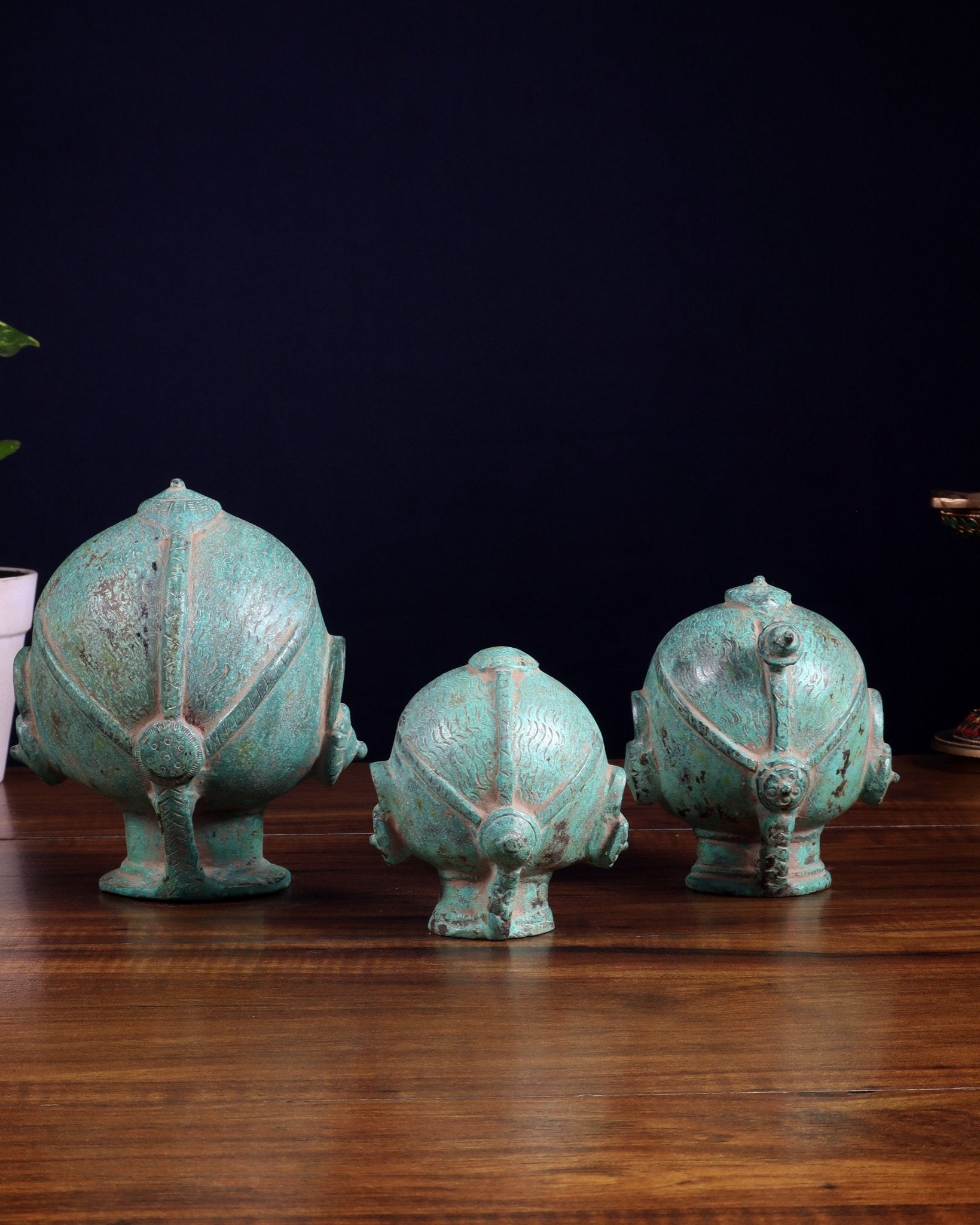 Vintage Brass Gauri Face Set – Green Sand Patina Finish - Budhshiv.com