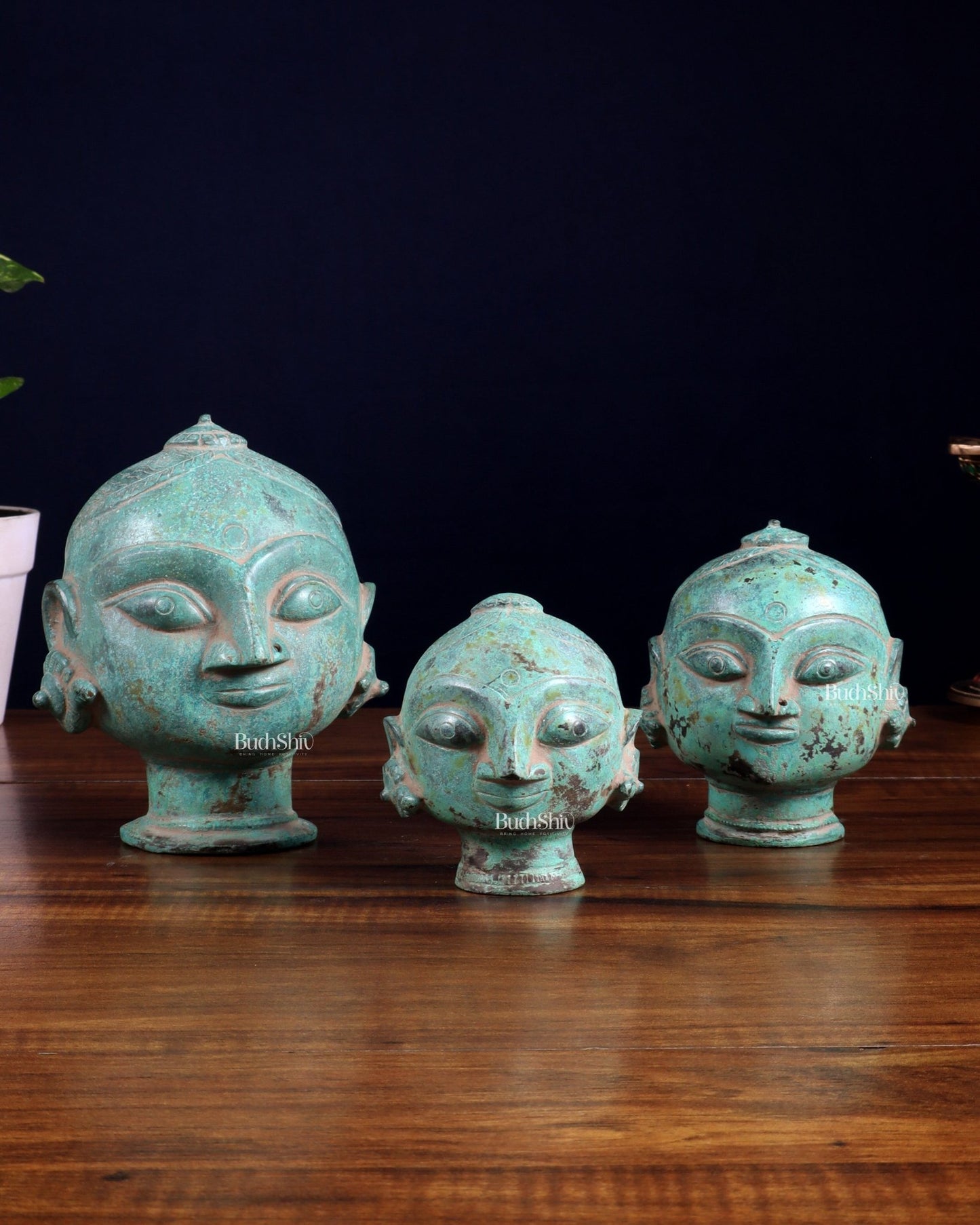 Vintage Brass Gauri Face Set – Green Sand Patina Finish - Budhshiv.com