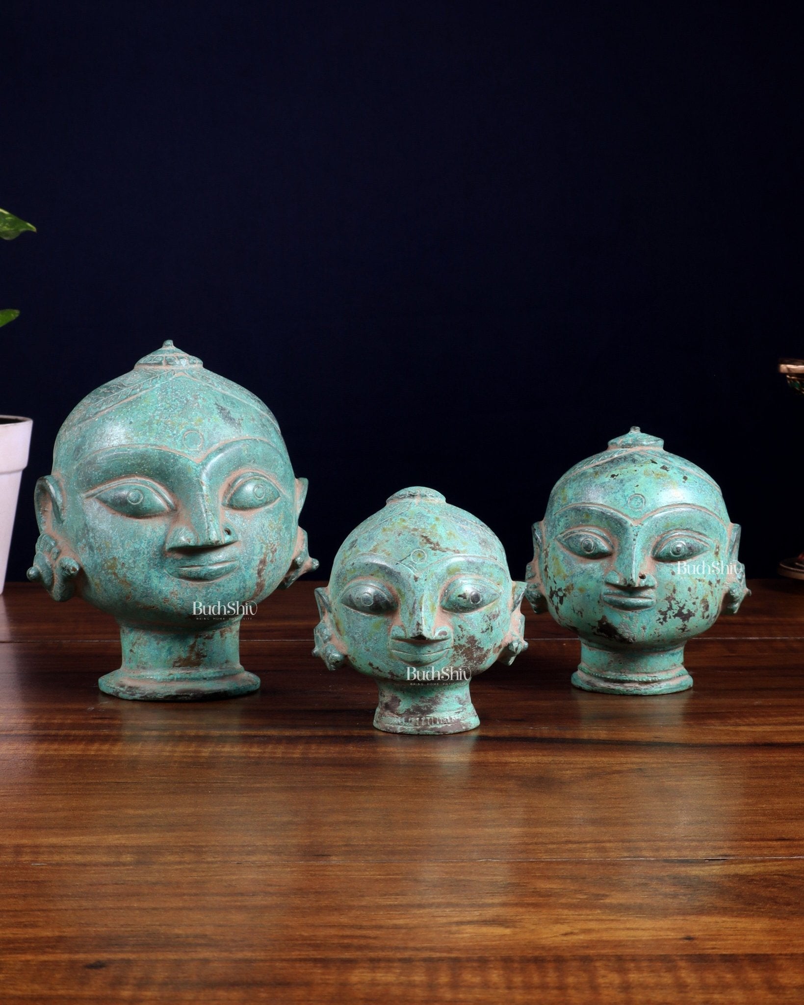 Vintage Brass Gauri Face Set – Green Sand Patina Finish - Budhshiv.com