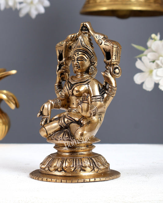 Vintage Brass Goddess Gaja Lakshmi Idol – Auspicious Prosperity Murti 5.75 Inch - Budhshiv.com