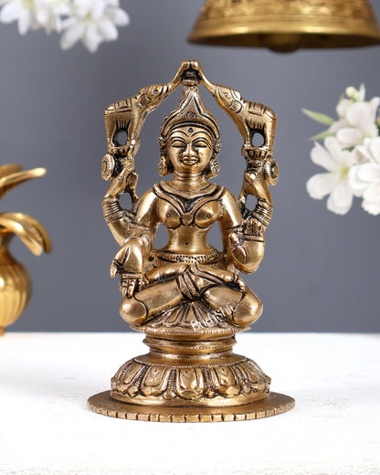 Vintage Brass Goddess Gaja Lakshmi Idol – Auspicious Prosperity Murti 5.75 Inch - Budhshiv.com