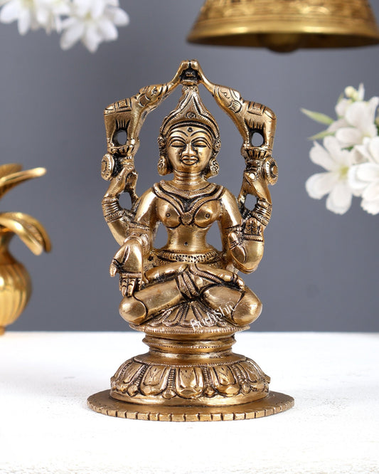 Vintage Brass Goddess Gaja Lakshmi Idol – Auspicious Prosperity Murti 5.75 Inch - Budhshiv.com