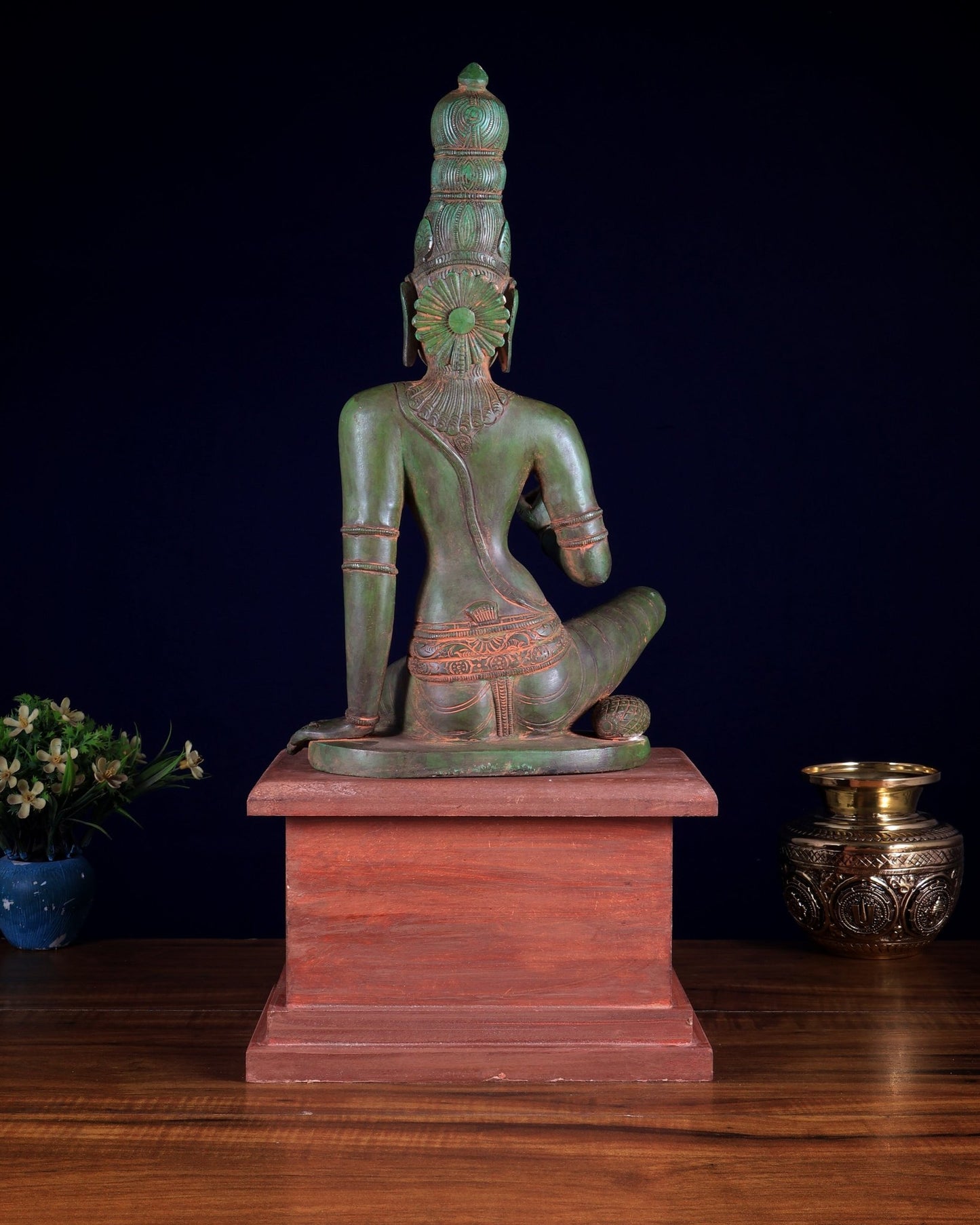 Vintage Brass Goddess Parvati Idol with Green Patina on Wooden Base 20 inch - Budhshiv.com