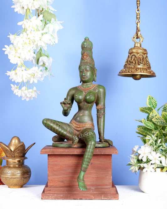 Vintage Brass Goddess Parvati Idol with Green Patina on Wooden Base 20 inch - Budhshiv.com