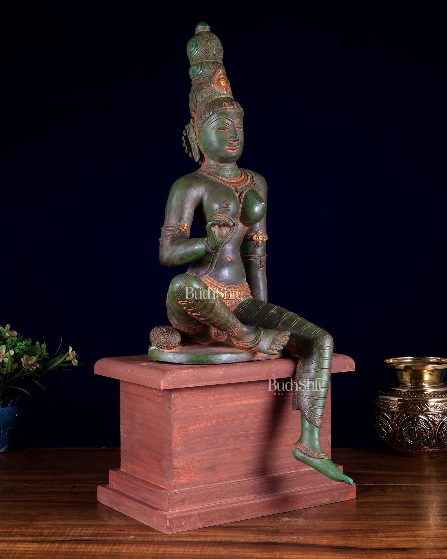 Vintage Brass Goddess Parvati Idol with Green Patina on Wooden Base 20 inch - Budhshiv.com