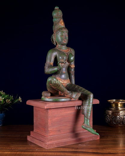 Vintage Brass Goddess Parvati Idol with Green Patina on Wooden Base 20 inch - Budhshiv.com