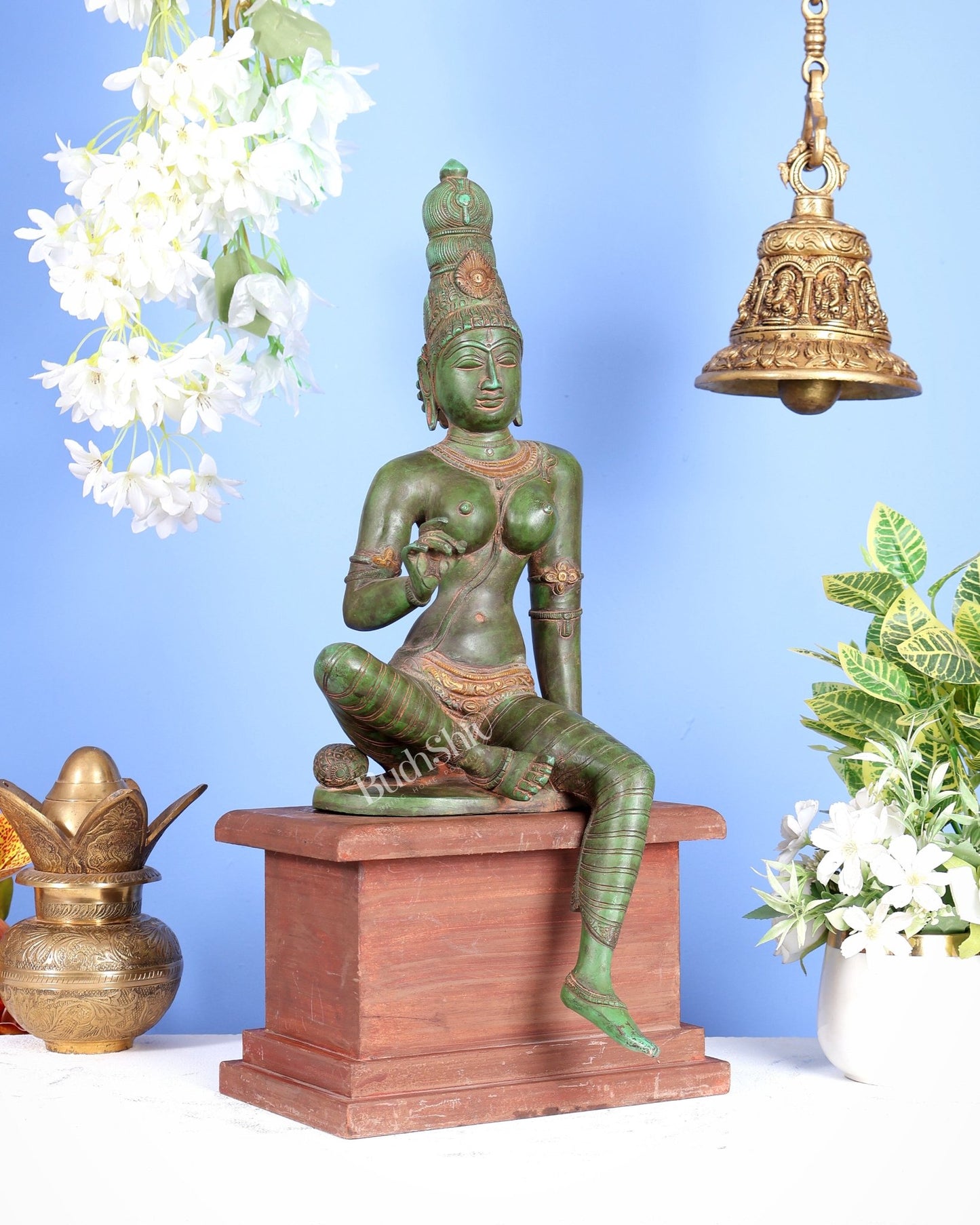 Vintage Brass Goddess Parvati Idol with Green Patina on Wooden Base 20 inch - Budhshiv.com