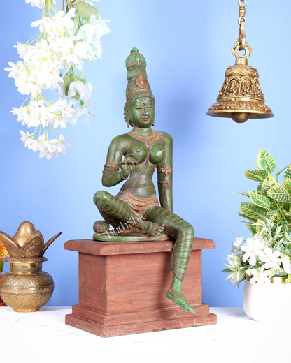 Vintage Brass Goddess Parvati Idol with Green Patina on Wooden Base 20 inch - Budhshiv.com