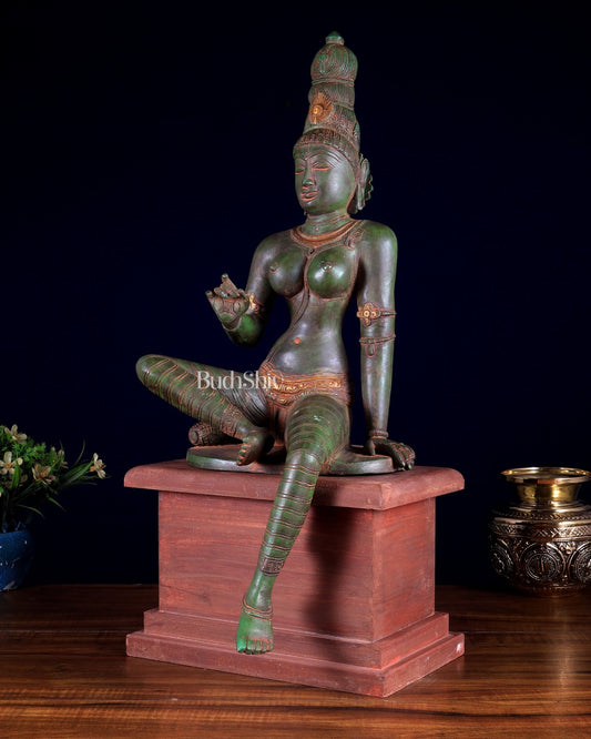 Vintage Brass Goddess Parvati Idol with Green Patina on Wooden Base 20 inch - Budhshiv.com