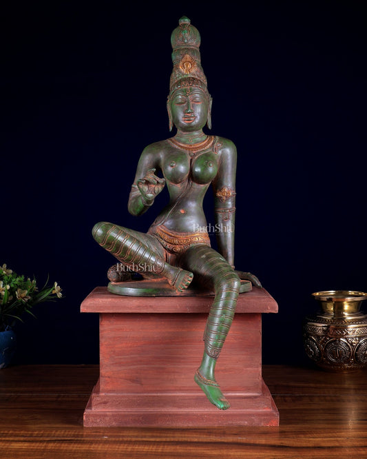 Vintage Brass Goddess Parvati Idol with Green Patina on Wooden Base 20 inch - Budhshiv.com