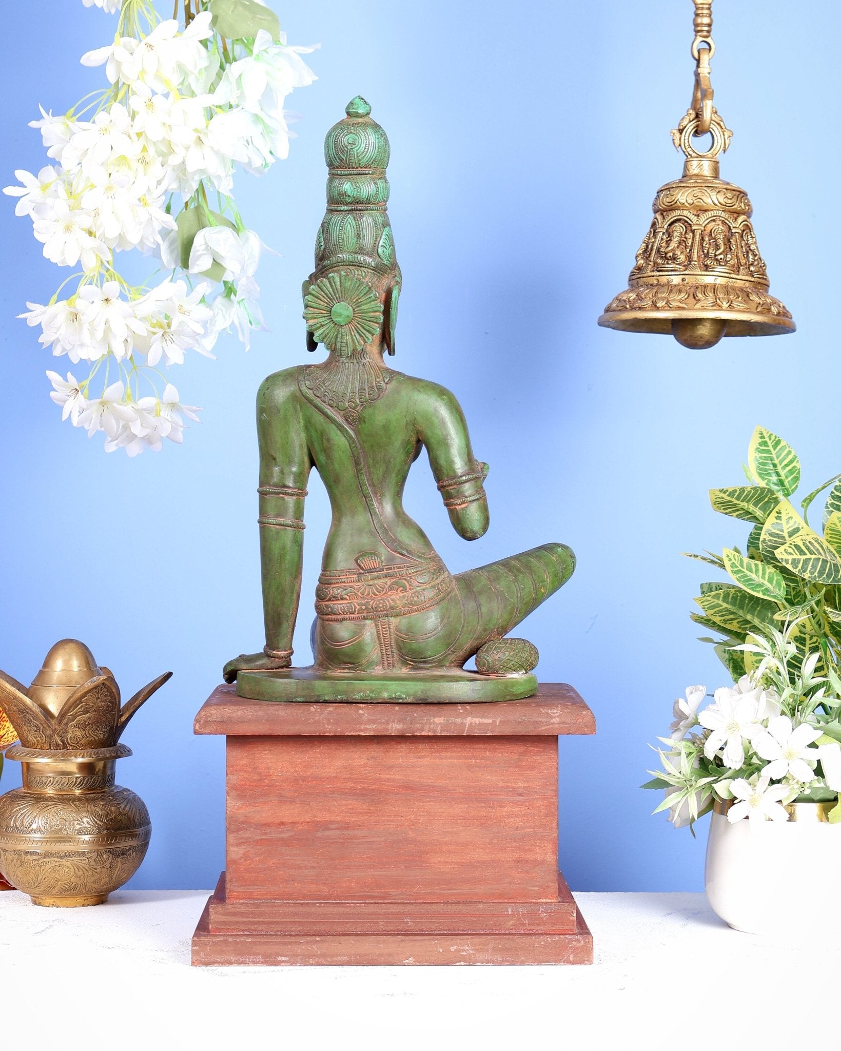 Vintage Brass Goddess Parvati Idol with Green Patina on Wooden Base 20 inch - Budhshiv.com