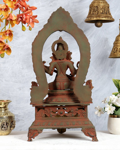 Vintage Brass Goddess Saraswati on Mayur Aasan – Dual Peacock Singhasan, Antique Green & Pink Sand Finish (20.5 Inches) - Budhshiv.com