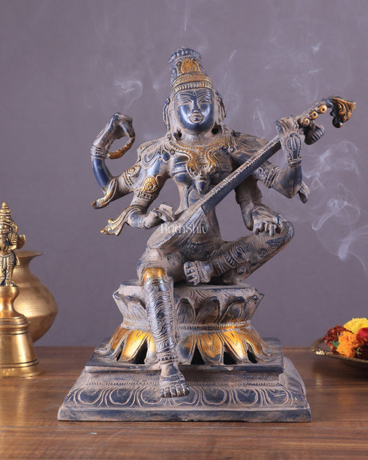 Vintage Brass Goddess Saraswati Statue - Sand Finish - 11" - Budhshiv.com